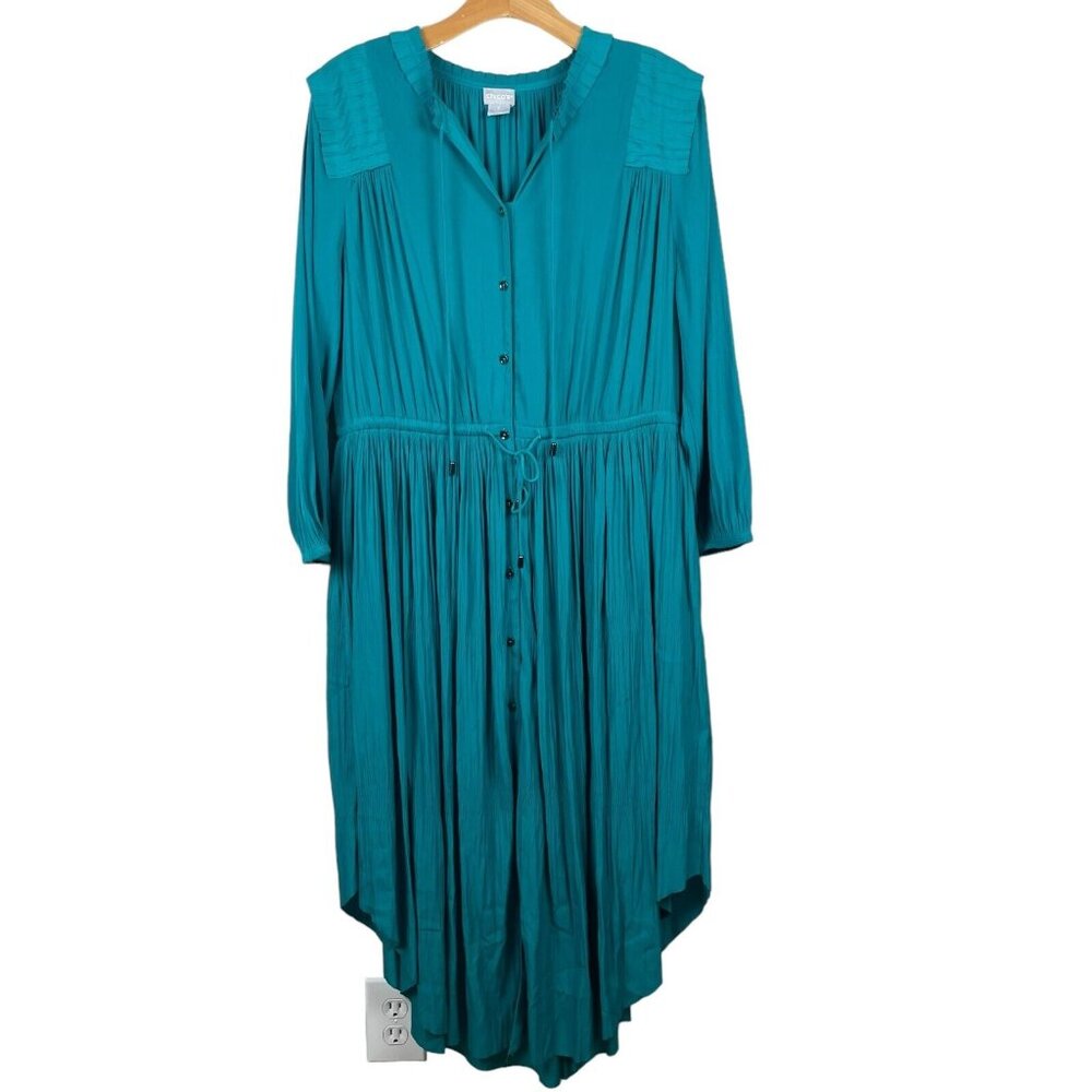Chicos 2 Midi Dress 12 Teal Green Crinkle Pleated 3/4 Sleeve Button Up Tie Waist